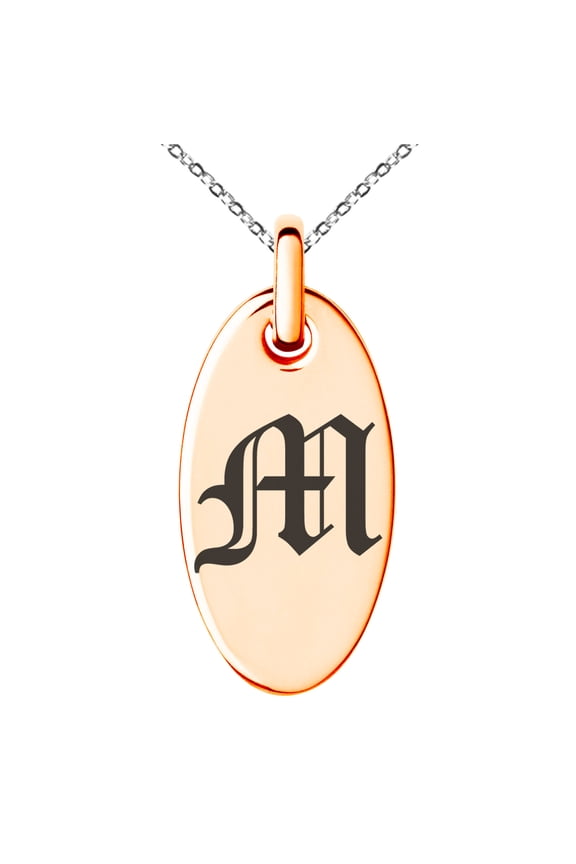 Stainless Steel Letter M Initial Old English Monogram Engraved Small Oval Charm Pendant Necklace