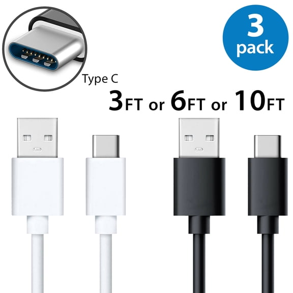 3x 6FT USB Type C Fast Charging Cable USB-C Type-C 3.1 Data Sync Charger Cable Cord For Samsung Galaxy S8 S8 Plus Nexus 5X 6P OnePlus 2 3 LG G5 G6 V20 HTC M10 Google Pixel XL White