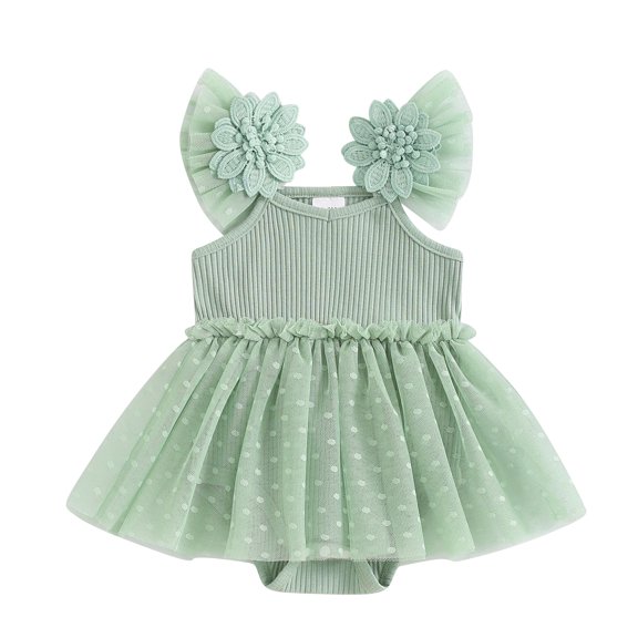 Aojekbee Baby Girl Summer Romper Dress Casual Mesh Patchwork Ruffles Ribbed Jumpsuit for Newborn Toddler Cute Clothes