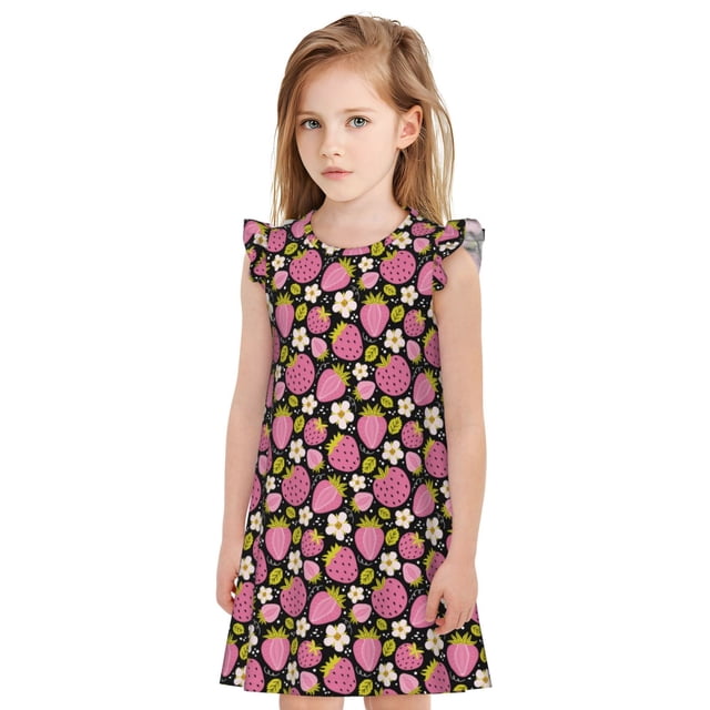 Balery Strawberry Camisón de princesa para niñas, pijama de algodón con mangas abullonadas, suave y bonito.-Medium