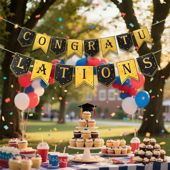 Black and Gold Graduation Party Banner - “Congratulations on Graduation” with ribbon design, perfect for graduation decorations, photo backdrops, and graduation ceremony decorations!