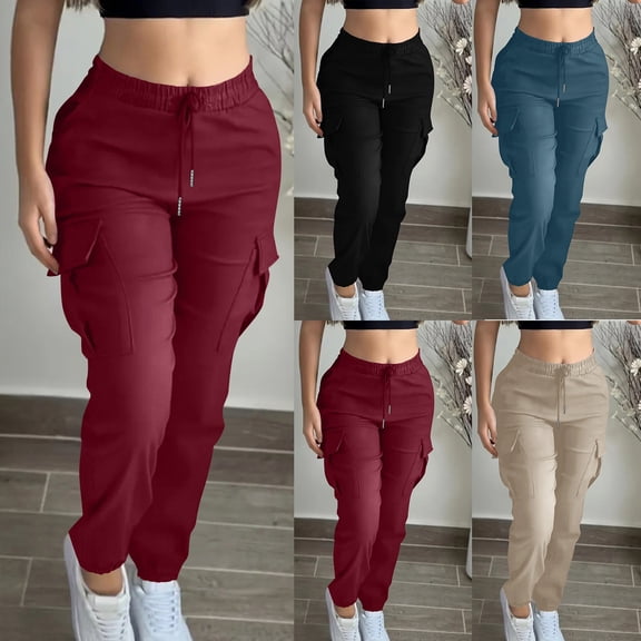 TAGOLD Womens Summer Full Length Pants Solid Color Elastic Waist Tapered Leg Large Cargo Pocket Pants