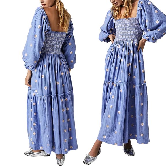 Casual Embroidered Maxi Dress for Women Square Neck Backless Smocked Ruffle Puff Sleeve Dress Summer Sundress