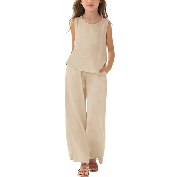 FAVIPT Kids 2 Piece Outfits Girls Summer Sleeveless Crewneck Linen Tank Tops Straight Wide Leg Pants Casual Solid Loose Sets Beige,5 Years