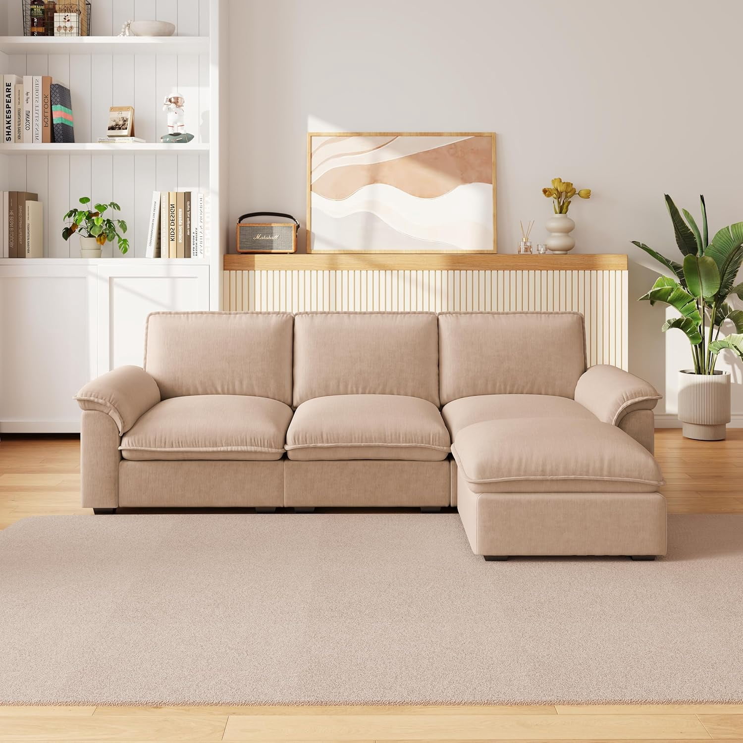 Carzzi-Life 102" Sofa Couch for Living Room, Modern Comfy Sofa with Extra Depth Seat and Ottoman, 3 Seater Chenille Couches for Living Room Apartment, Coffee