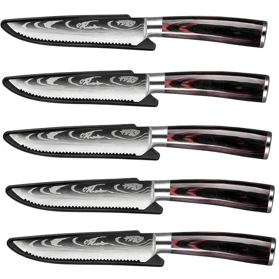 MYVIT 6-Piece Steak Knife Set with Covers Wooden Handle Sharp Stainless Steel Serrated Kitchen Knife Meat Cutting Knife,Dishwasher Safe