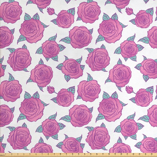 Rose Fabric by The Yard, Vintage Roses with Petals and Sprouts in Bloom