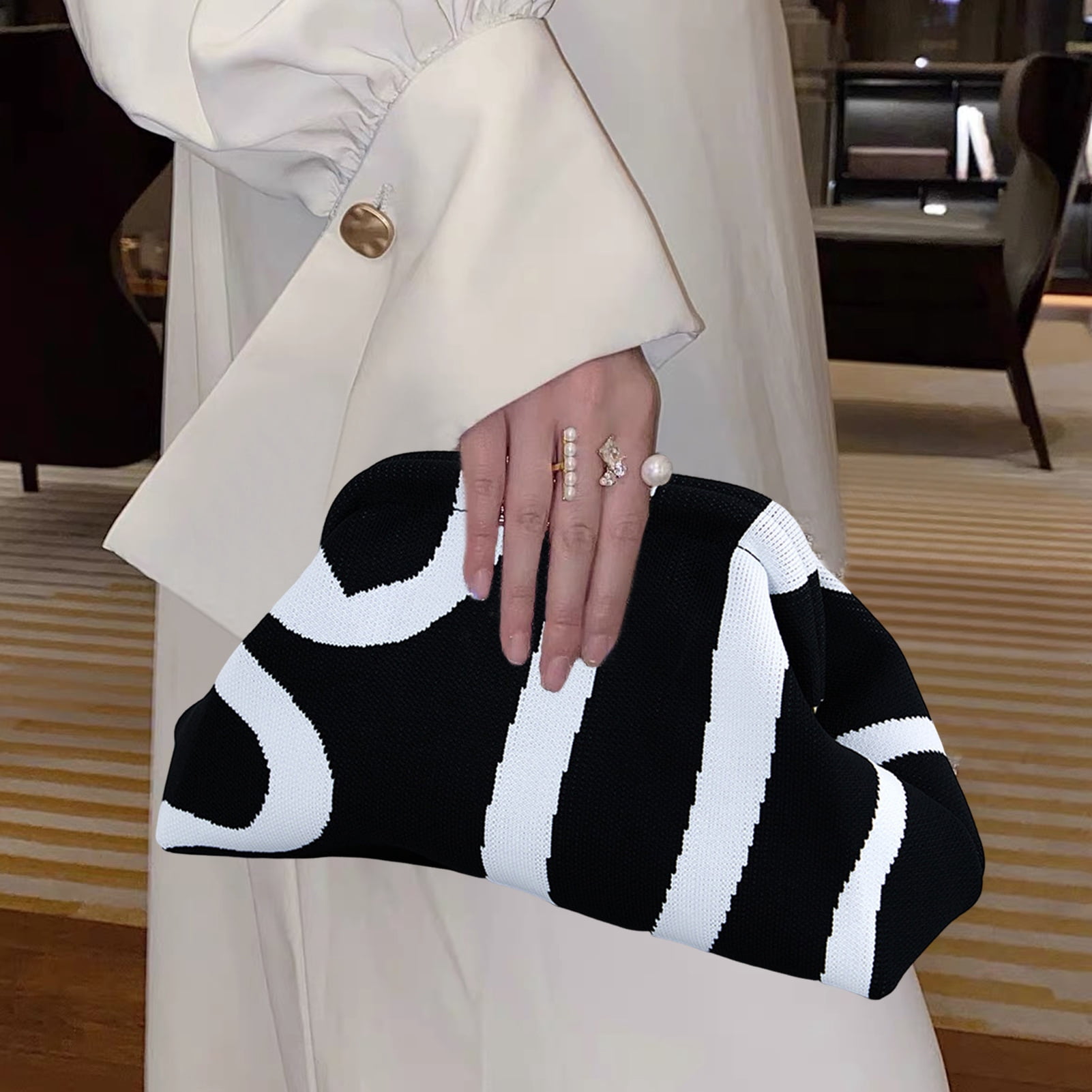 Tnobhg Women Clutch Bag Striped Print Color Matching Dumpling Shape Large Capacity Summer Beach Purse Commute Travel Dating Handbag