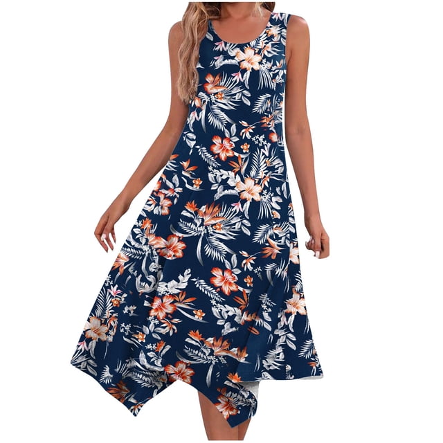Penkiiy Robe d'Été Décontractée Sans Manches pour Femmes, Robe Maxi avec Ourlet en Mouchoir, Robe de Plage avec Poches, P Marine