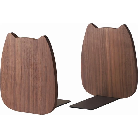 ABCISI Bookends for Shelves, Cat Shape Book Ends for Home Office School Library Kitchen, Cute Book Stopper, Walnut Book Holder 1 Pair