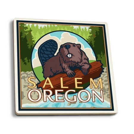 

Salem Oregon Beaver and River (Absorbent Ceramic Coasters Set of 4 Matching Images Cork Back Kitchen Table Decor)