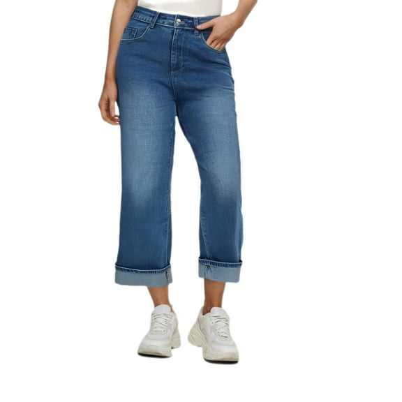 Womens Baggy Jeans, Audhol Womens Baggy Jeans Wide Leg Trendy Casual Mid Cuffed Hem Denim Pants with Pockets Boyfriend Jeans for Women Blue L