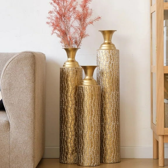 3 Piece Handmade Gold Vase, Tall Metal Floor Vase with Embossed Gold Ivy, Large Flower Vase