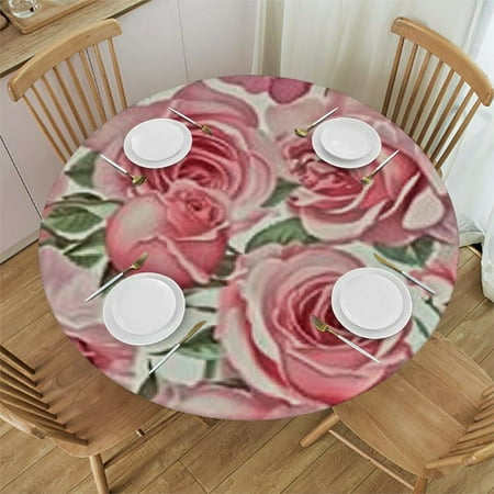 

BANET Pink Rose Flower Floral Table Cloth for Round Tables with Elastic Tablecloth Table Cover for Dining Kitchen Parties 31 -35