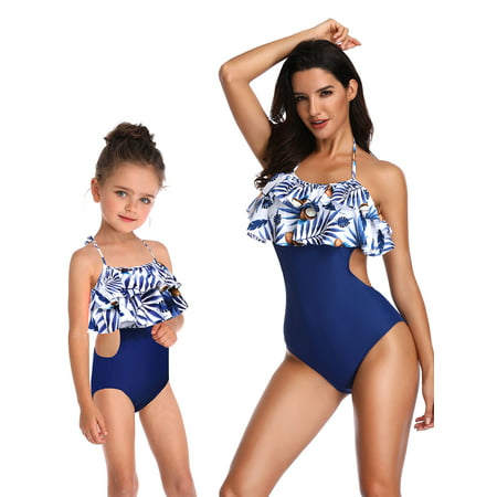 S-XL 2-8 Years Mom and Me One-Piece Swimwear Family Matching Swimsuit Beachwear One-Piece Halter Backless Hollow Out Swimming Costume Bathing Suit