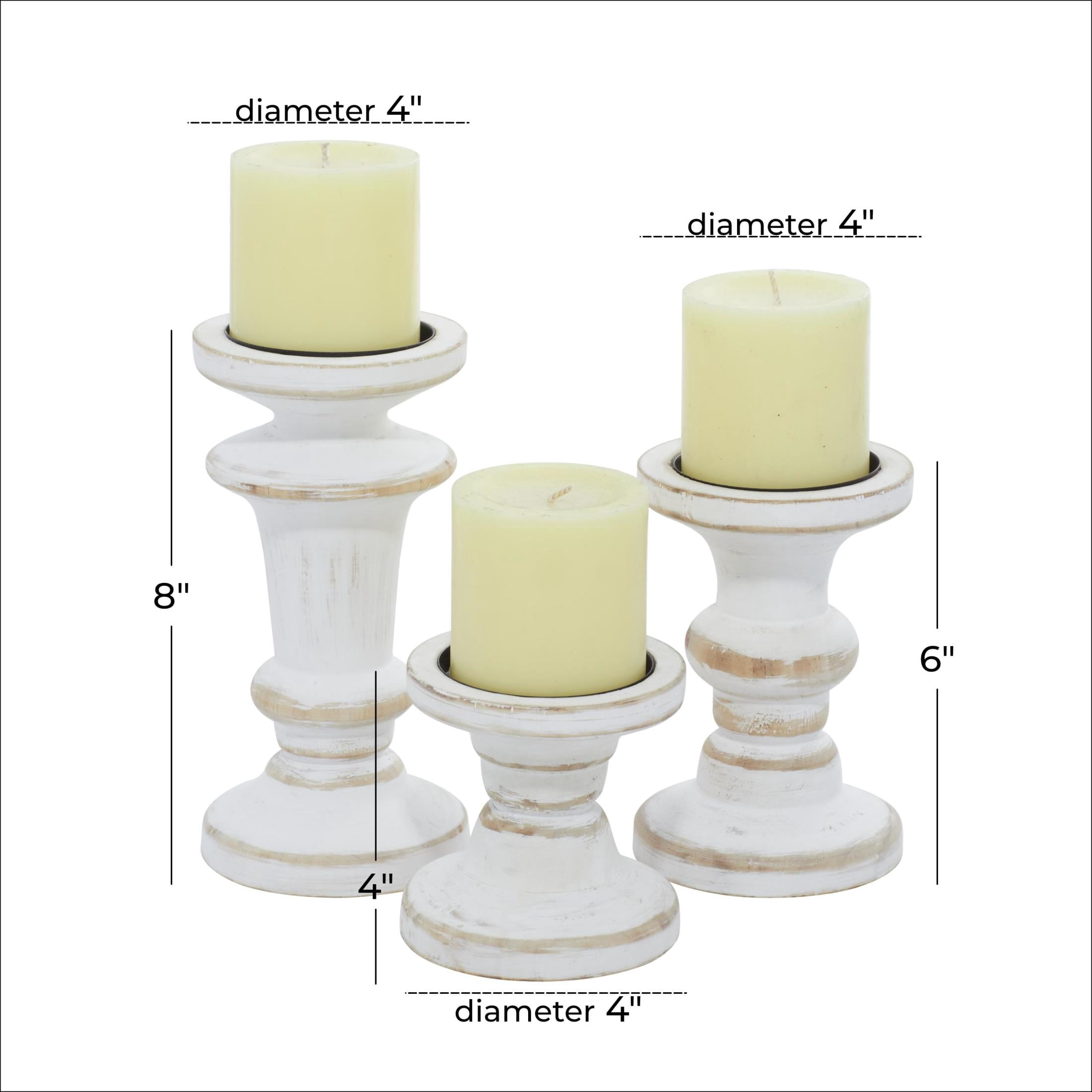 DecMode Farmhouse Wood Pillar Candle Holders, Set of 3, 8", 6", 4"H, White Distressed Finish