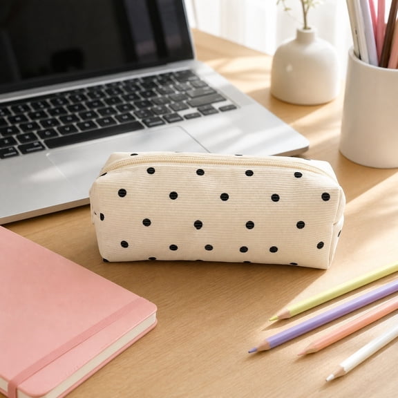 Corduroy Pencil Pouch Large Capacity Pencil Case Aesthetic Stationery Portable Pencil Pouch Bag with Zipper Polka Dots Pencil Case Office Supplies Organizer Makeup Bag for Men Women