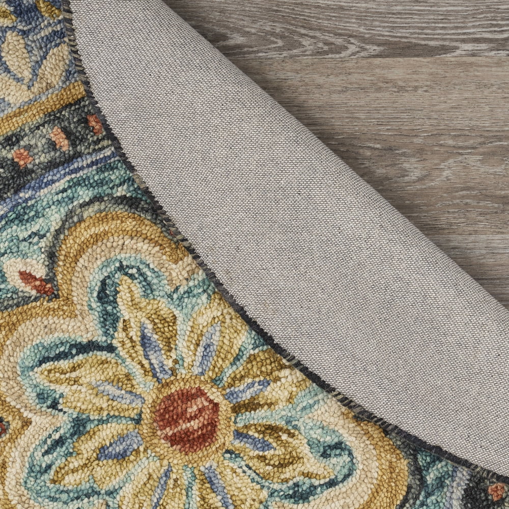 Ox Bay Elisa 4' Round Blue/Black Floral Medallion Indoor Area Rug