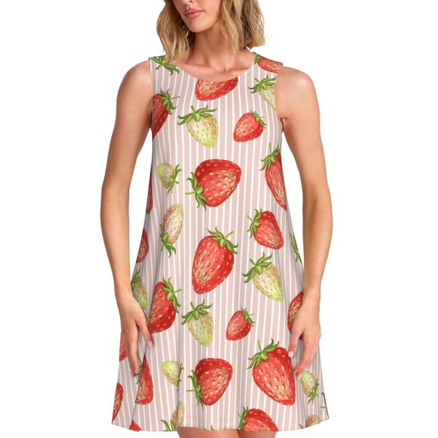 Vsdgher Robes d'Été Imprimé Fraises pour Femmes Robe de Plage Décontractée Col en U Sans Manches Robe d'Été Ample avec Poche
