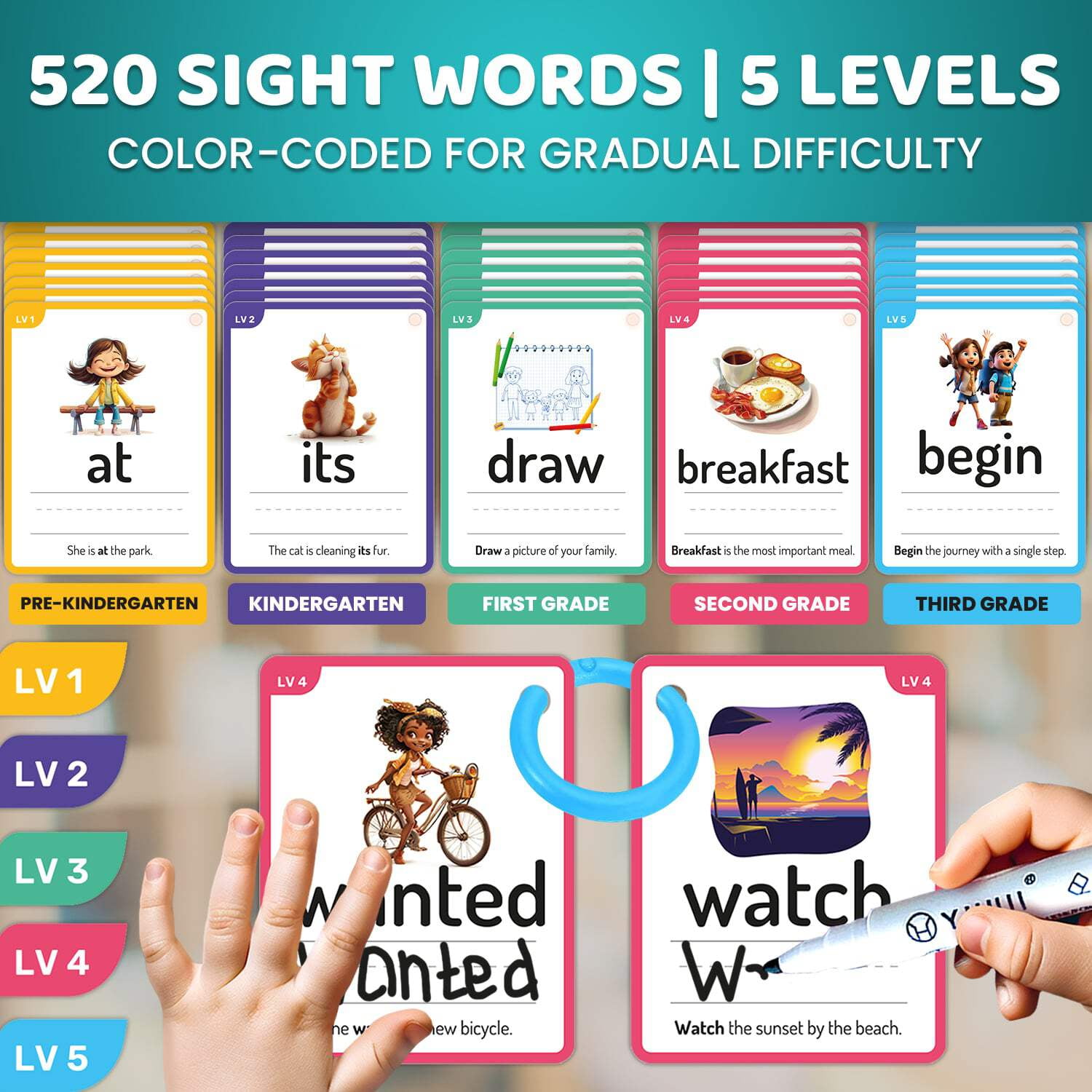 Quokka Sight Words Flash Cards – 260 Dry Erase Cards for Kids, Color-Coded Preschool Learning Set