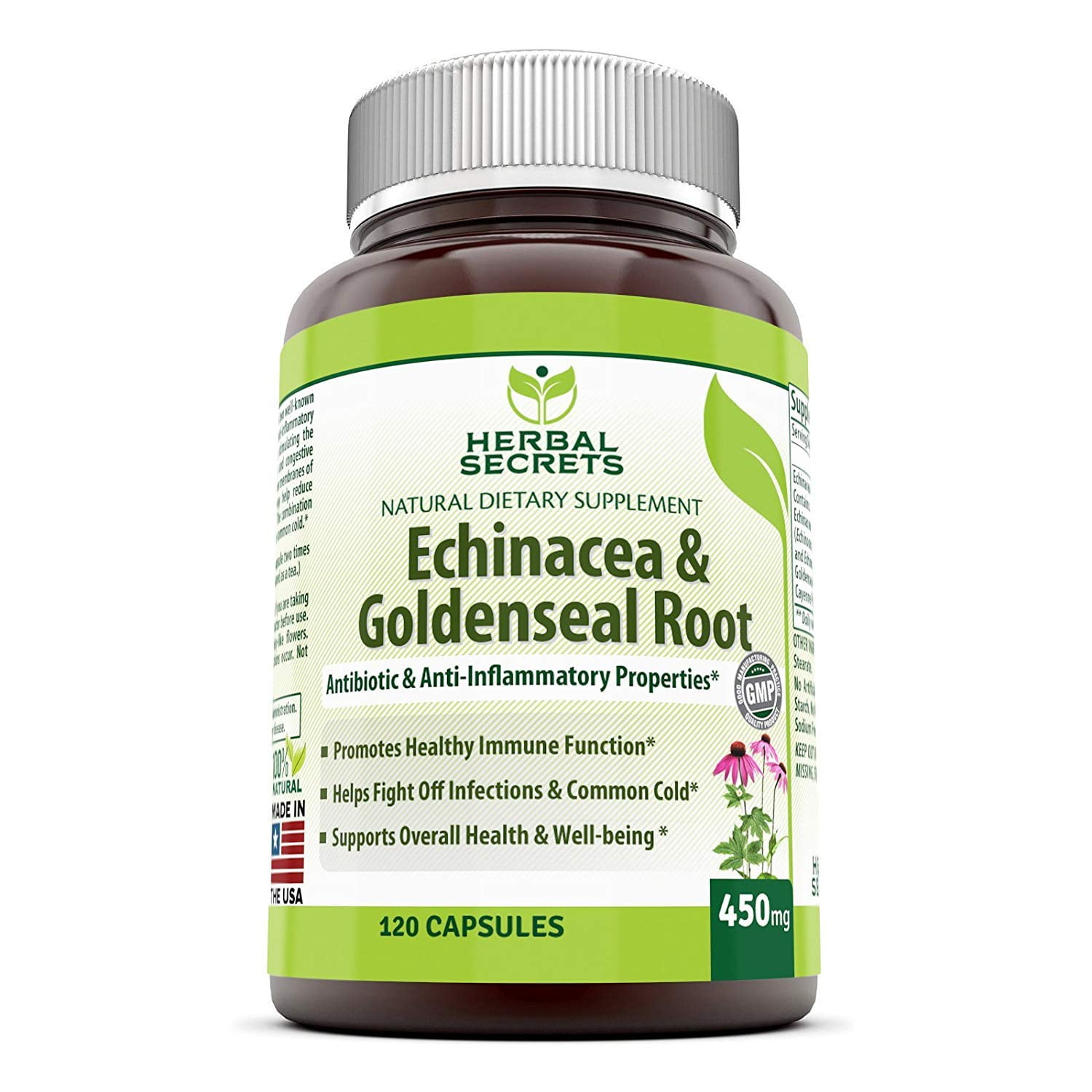 Herbal Secrets Echinacea & Goldenseal Root 450 Mg 120 Capsules (Non-GMO) -Supports Immune and Respiratory Response* Supports Mucous Membranes, Immune Functions During Times of Seasonal*