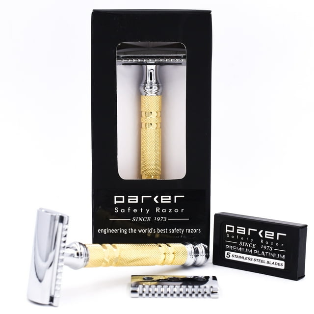 Parker Convertible - Dual Head Safety Razor (Open and Closed Comb Head) & 5 Parker Double Edge Blades - Easily Customizable for Mild or Aggressive Double Edge Shaving