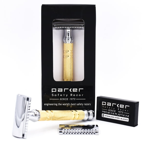 Parker Convertible - Dual Head Safety Razor (Open and Closed Comb Head) & 5 Parker Double Edge Blades - Easily Customizable for Mild or Aggressive Double Edge Shaving