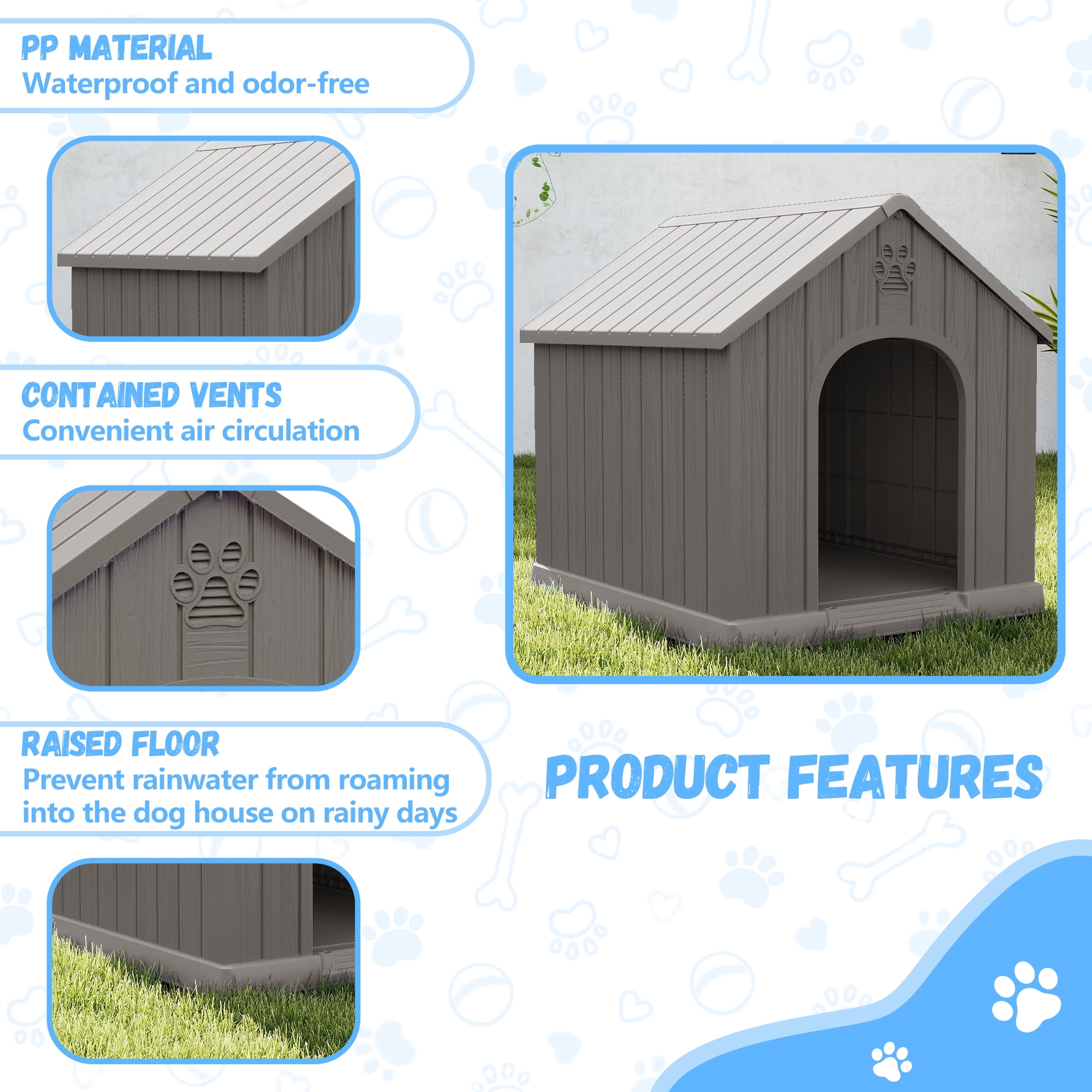 FICARTS Indoor/Outdoor Weather-Resistant Dog House, Elevated Pet Shelter with Sloped Roof & Ventilation, Durable Dog Kennel for Medium to Large Dogs