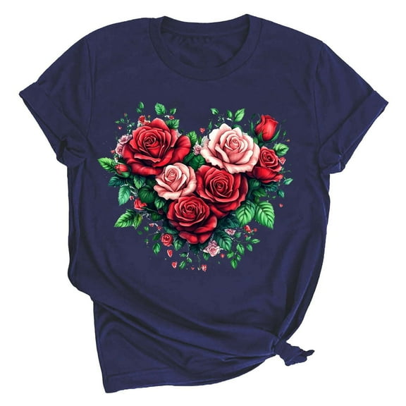 Oplxuo Womens Rose Flowers Heart Printed Cute Basic T-Shirt Short Sleeve Casual Crewneck Loose Pullover Graphic Tee Tops