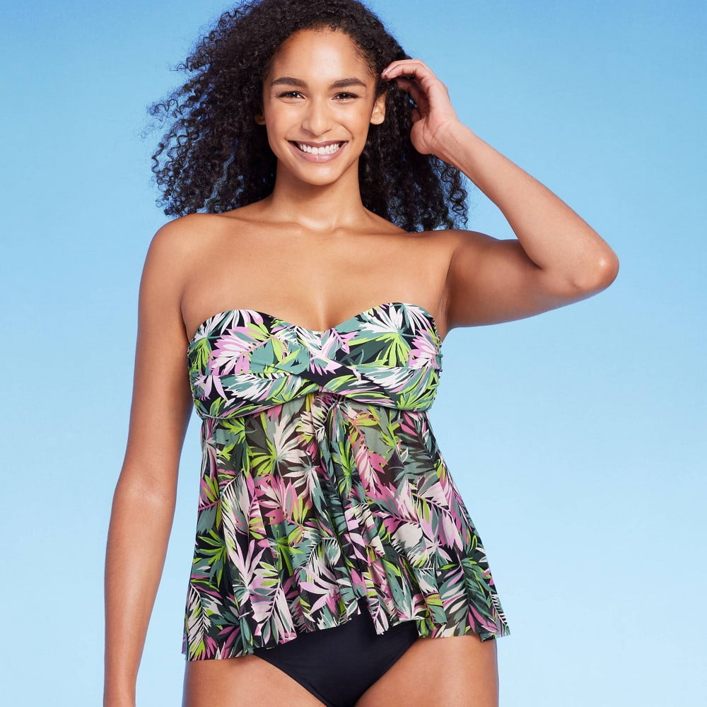 Kona Sol Women's Center Front Tie Tankini Top - Navy Blue, Halter Strap With Removable Cups