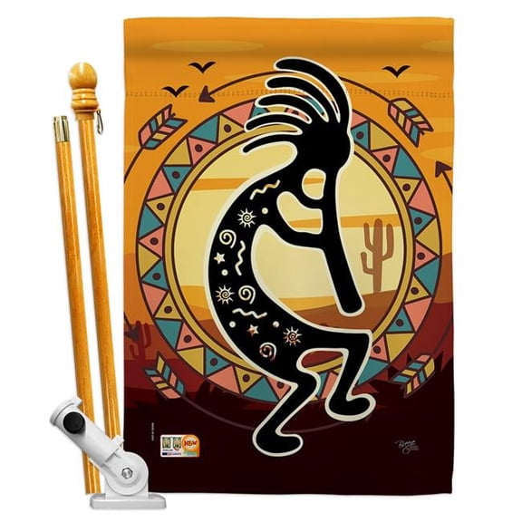 Breeze Decor BD-SW-HS-115145-IP-BO-D-US18-BD 28 x 40 in. Vertical Kokopelli Playing Flute Country & Primitive Southwest Impressions Decorative Double Sided House Flag Set with Pole & Bracket Hardware
