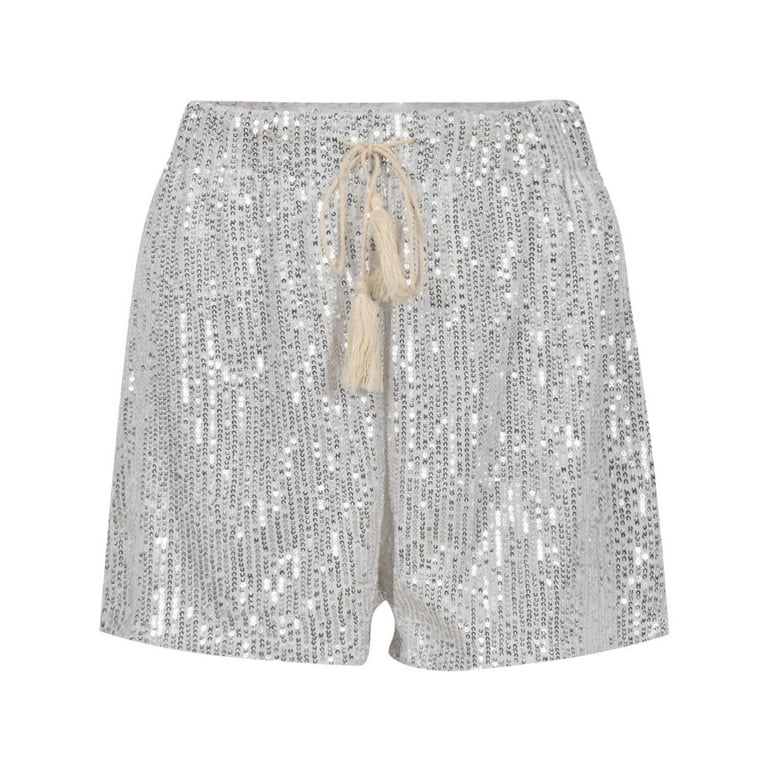 Sequin Shorts for Women Summer Fashion Shiny Elastic Waist Wide
