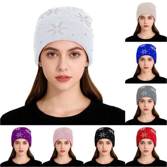 XIAOCHA Snowflake‑Rhinestone Beanie for Women，Gem‑Trim Fall‑Winter Outdoor Toque,White