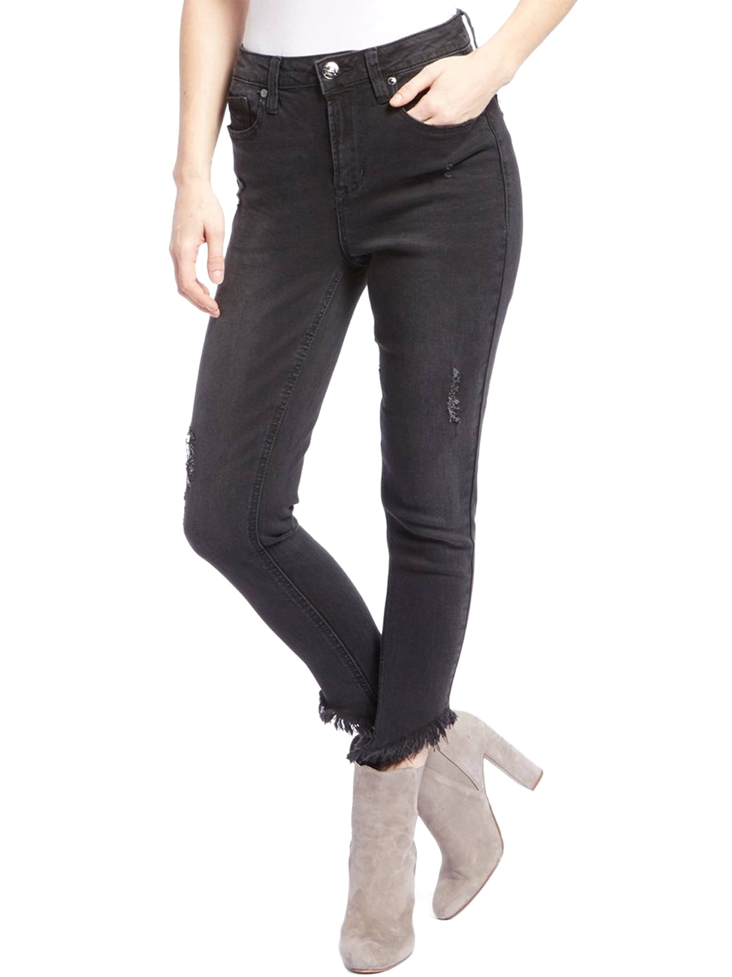 Seven7 Women's Black Skinny High-Rise Frayed Hem Ankle Jeans Size