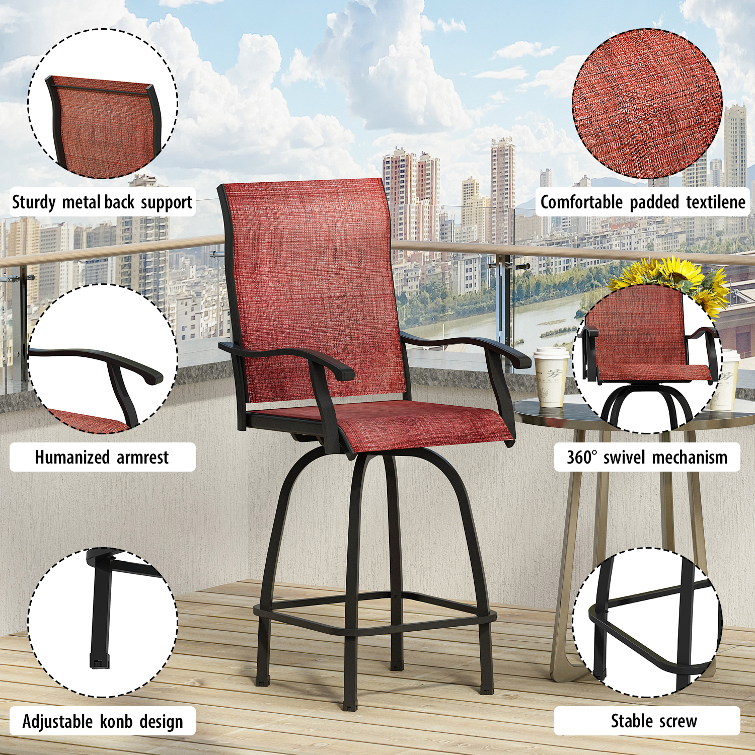 Homsee 2 Pack Patio Swivel Bar Height Patio Bistro Set, 360-Degree Swivel Outdoor Bar Stool, Red - image 2 of 8