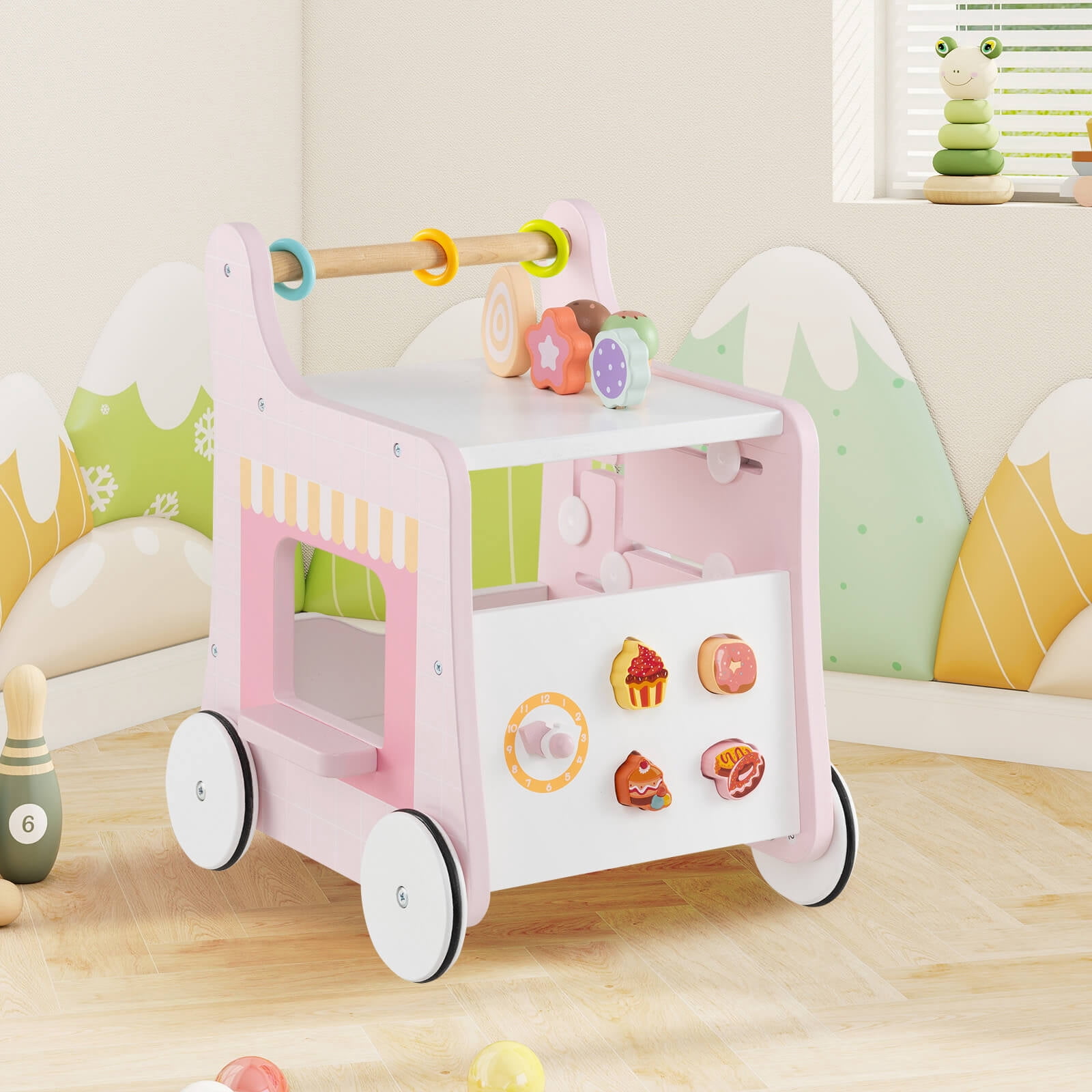 Infans Wooden Baby Walker Ice Cream Cart Toy with Sweet Accessories & Smooth Wheels