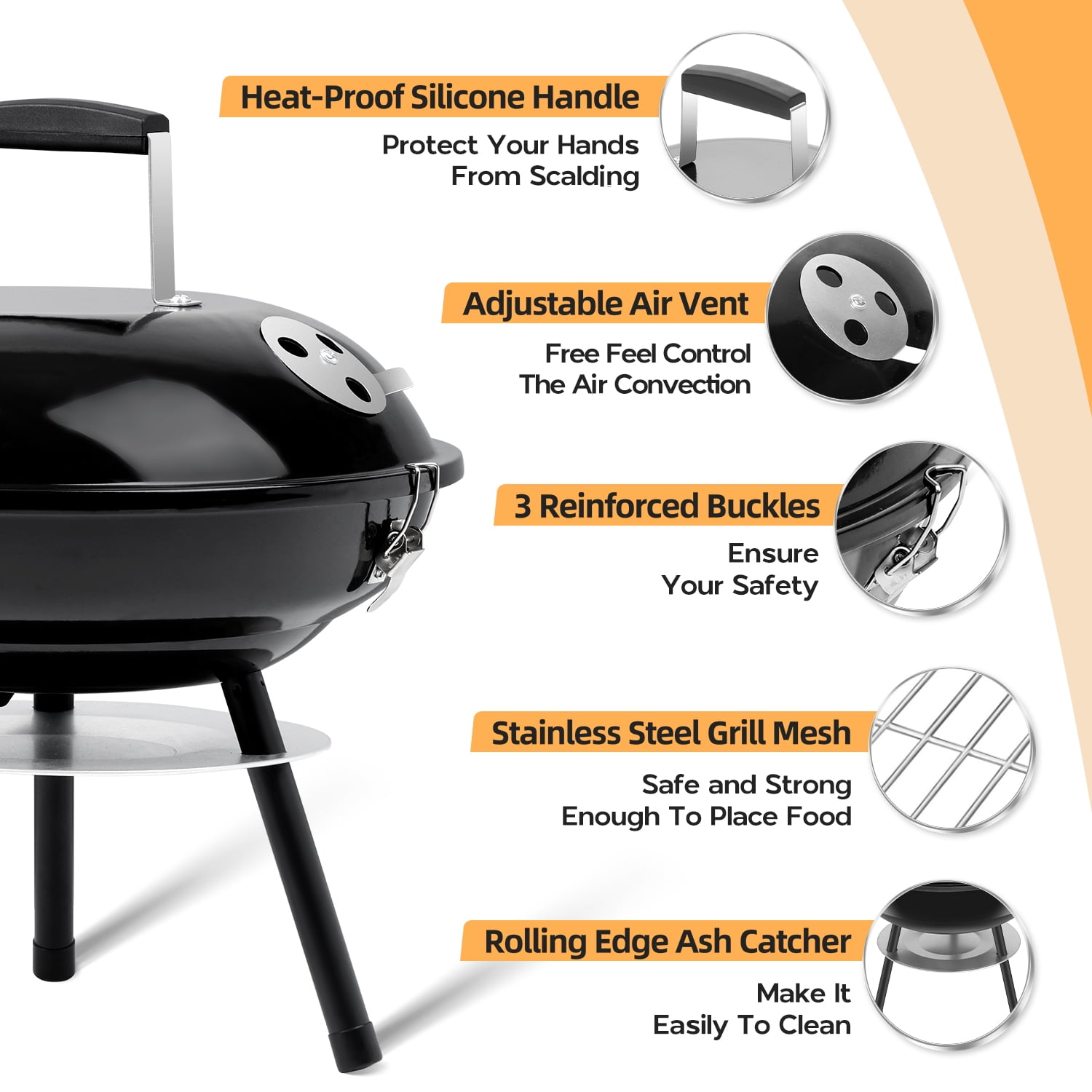 Coliware 14 inch Portable Charcoal Grill, Lightweight Enamel Coated Coal Kettle Smoker with 3-Point Locking Lid 2 Grilling Racks Dual Venting System, Tabletop Barbecue Oven for Outdoo