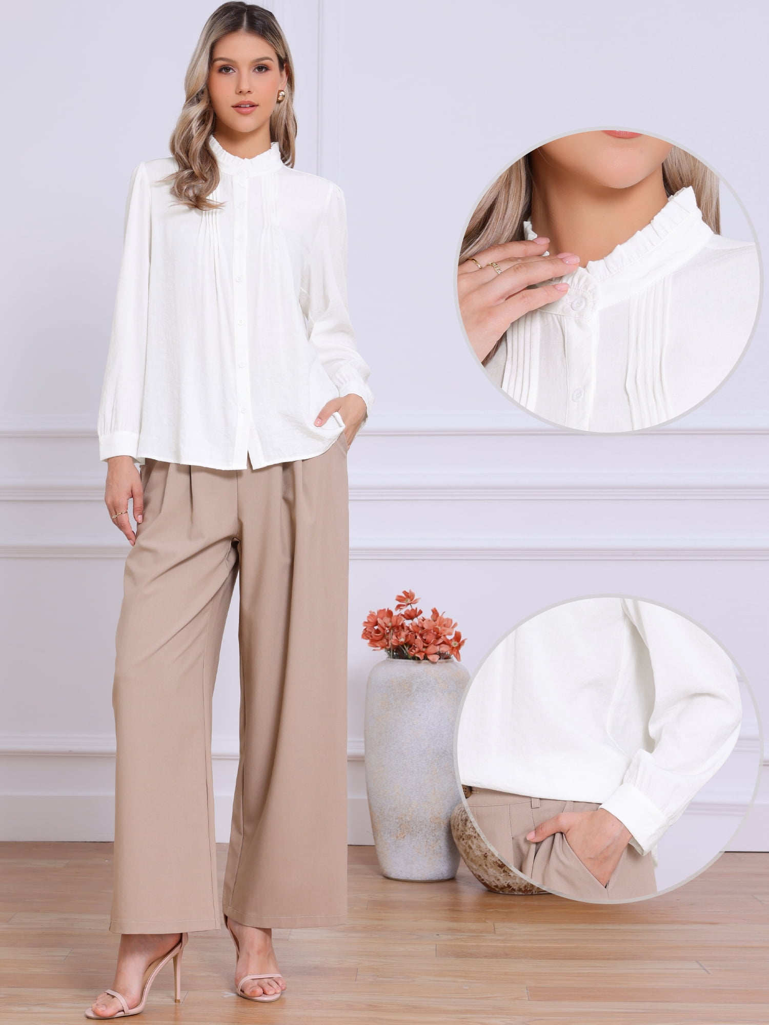 DARING DIVA Women's Long Sleeve Button Down Ruffled Collar Pleated Trim Top XS White