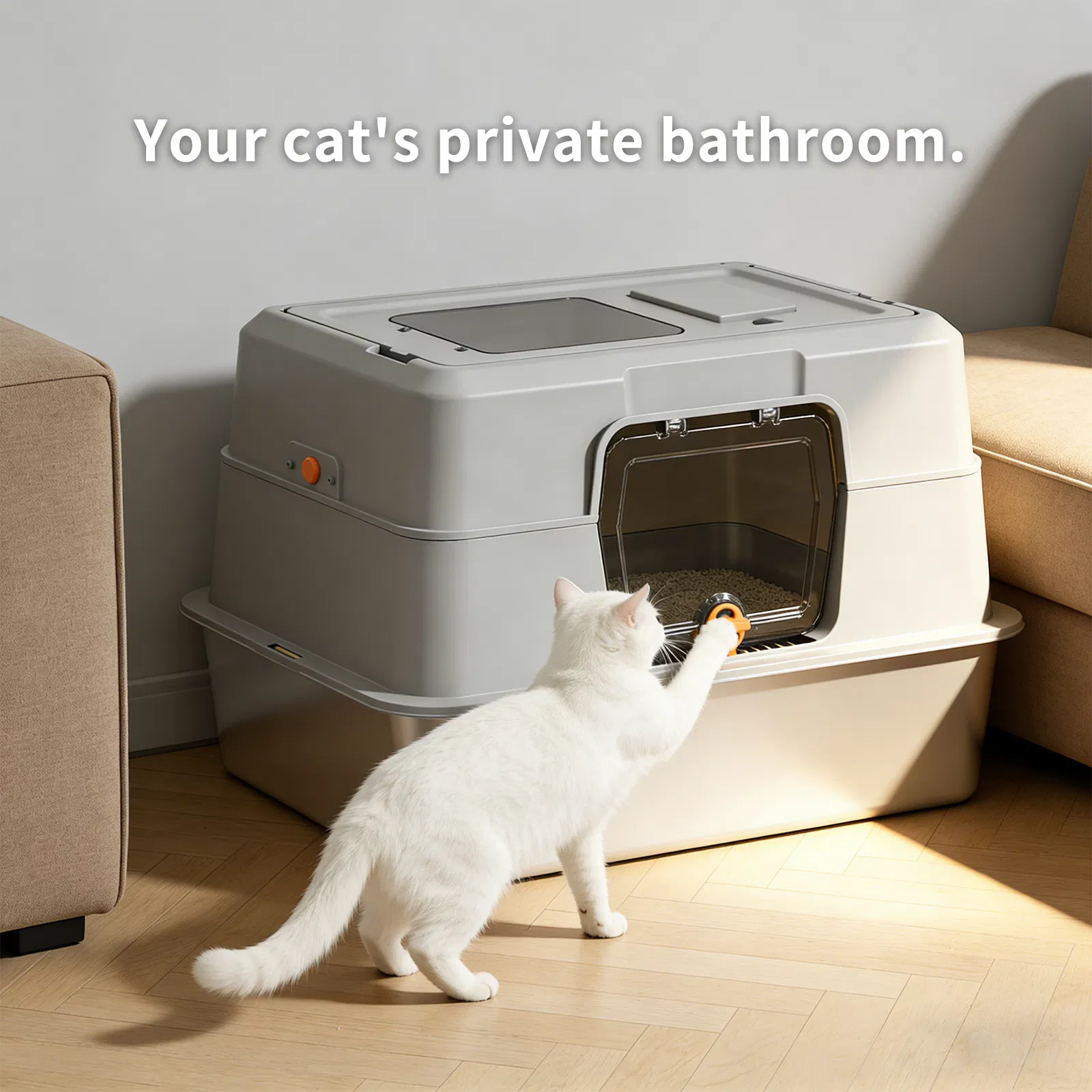 White Thickened Stainless Steel Fully Enclosed Cat Litter Box, Large Spacious Leak-Proof Pet Toilet with Non-Stick Easy Clean Surface