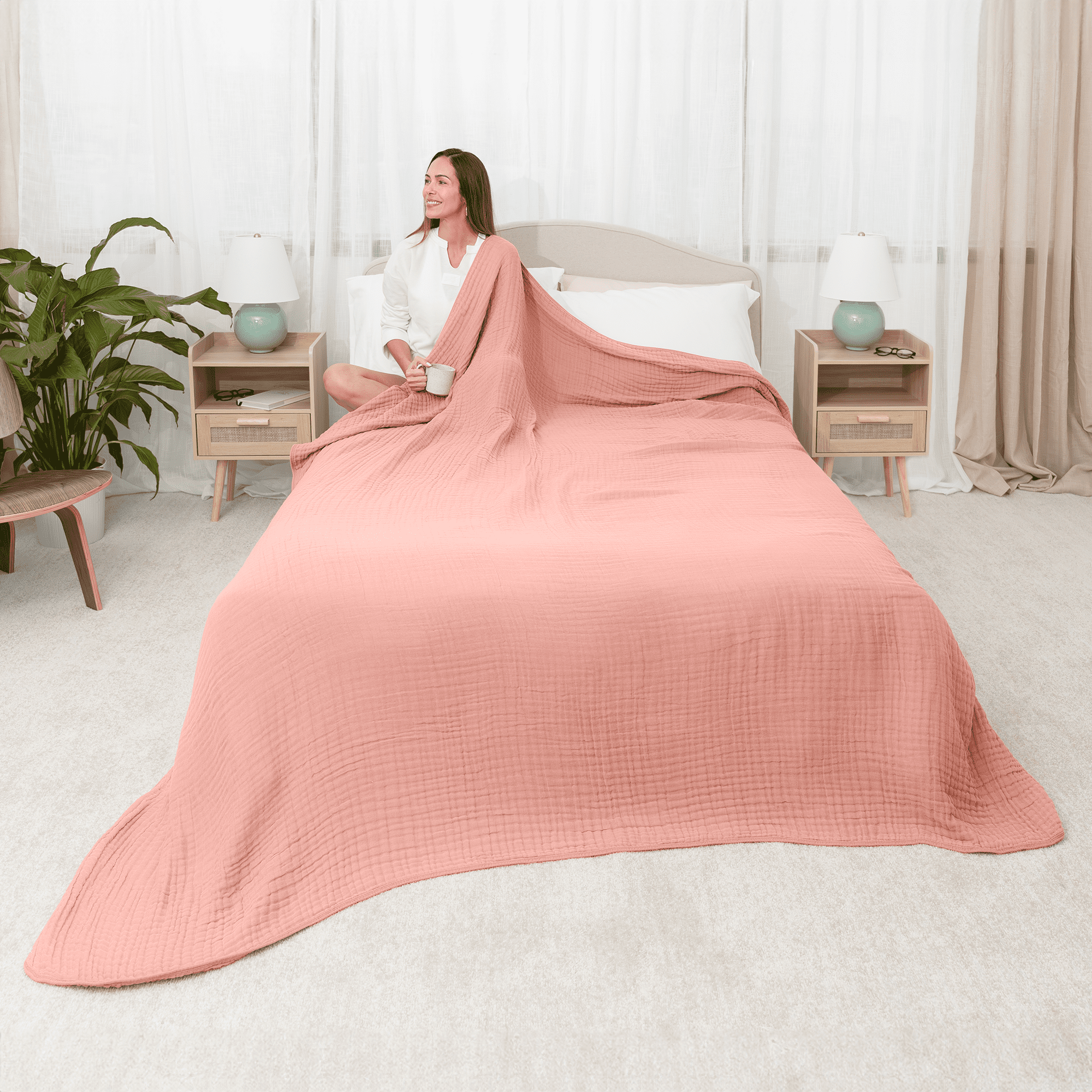 Comfy Cubs Muslin Blanket, Large 108” x 90”, 6 Layer Cooling Cotton Softness (Bold Blush, King)
