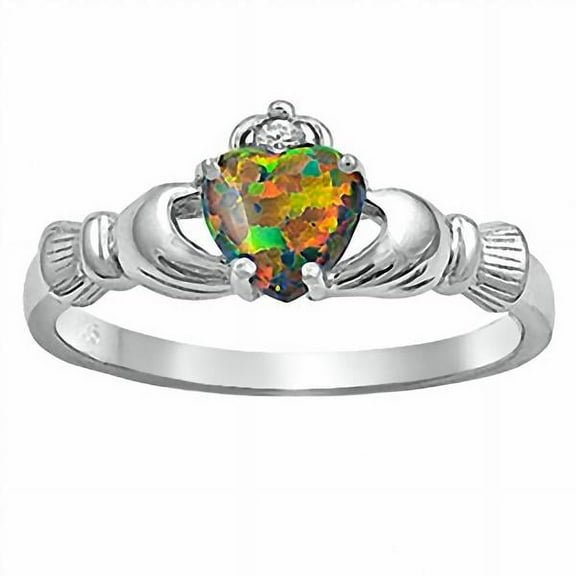 Jacelyn: 0.765ct Heart cut Synthetic Black Opal Claddagh Ring Sterling Silver sz 10.5