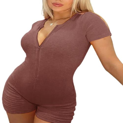 wybzd Short Sleeve Jumpsuit for Women Bodycon V Neck Rompers Shorts Knitted  One Piece Bodysuit Overall Pajamas Brown S