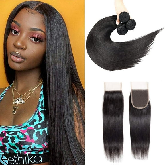 Straight Hair Bundles With Closure 100% Human Hair Bundles 3 Bundles With 4x4 Lace Closure Free Part #1B Natural Black Color