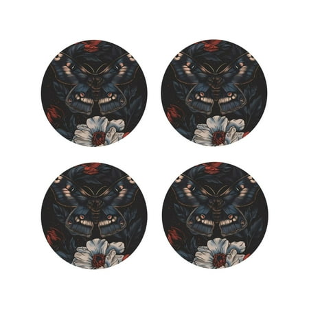 

KLL Drink Coasters Set Round Shape of 4 PU Leather Absorbent Coasters Set Decorative Coffee Cup Coasters Housewarming Gift for Home Decor-Midnight Butterfly Floral Dream