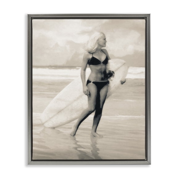 Stupell Industries Traditional Surfing Woman on Shore Gray Floating Frame Canvas Art, 25 x 31, by Graffitee Studios