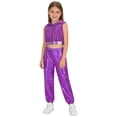thumbnail image 4 of SiiRoh Girls Street Hip Hop Jazz Dance Outfits Sleeveless Sequin Hooded Vest Crop Top with Metallic Pants Set Purple 8, 4 of 7