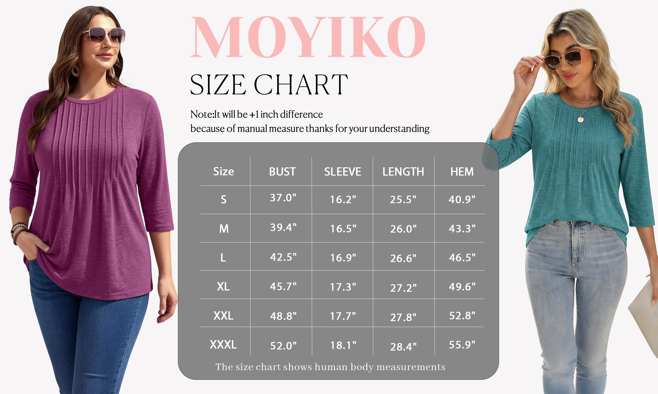 MOYIKO Women's 3/4 Length Sleeve Pleated Tunic Blouse photo 7