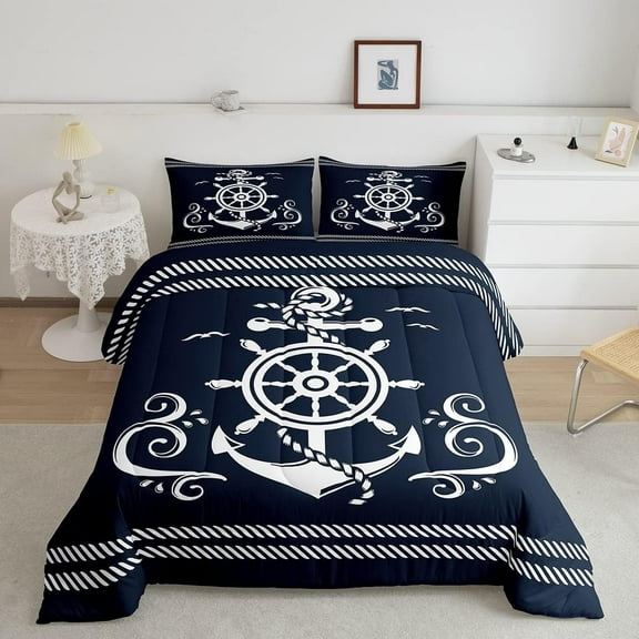 Erosebridal Nautical Anchor Bedding Set, Compass Adventure Comforter Set Coastal Compass Duvet Sets Ocean Sailboat Bedding Comforters Teens Adult Bedroom, Navy Blue(Twin Size)