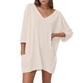 thumbnail image 1 of Camiseta holgada de cuello en V y manga 7/8 para mujer: mangas 7/8 de moda, corte relajado, tejido transpirable, 1 of 5