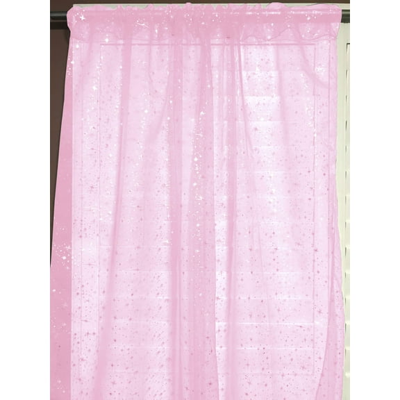 Silver Stars on Sheer Tinted Organza Solid Single Curtain Panel 58 Inch Wide Pink